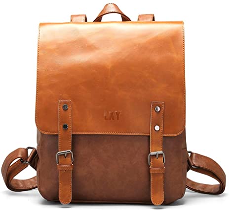 LXY Vegan Leather Backpack Vintage Laptop Bookbag for Women Men