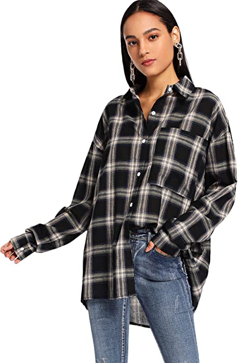 SweatyRocks Women's Long Sleeve Collar Long Button Down Plaid Shirt Blouse Tops