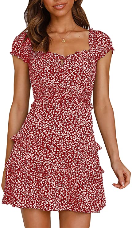 YOBECHO Womens Sweetheart Neckline High Waist Floral Print Beach Mini Dress