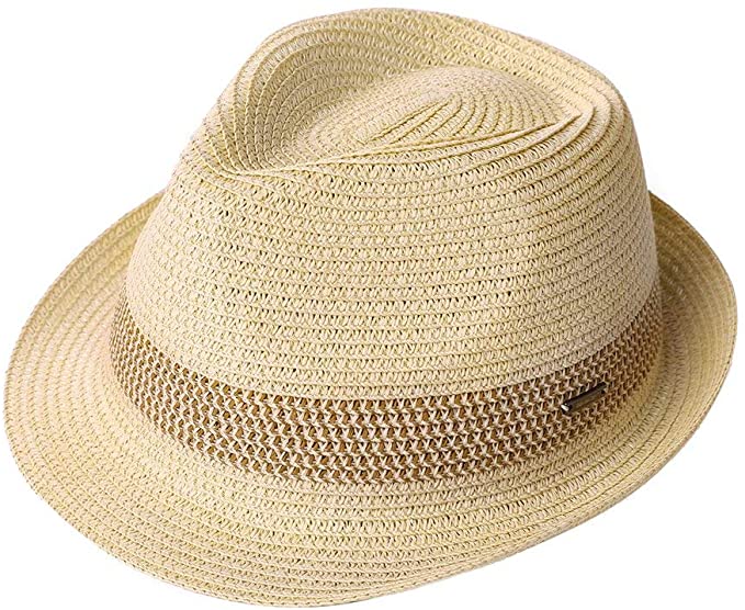 Fancet Packable Straw Fedora Panama Sun Summer Beach Hat Cuban Trilby Men Women 55-64cm