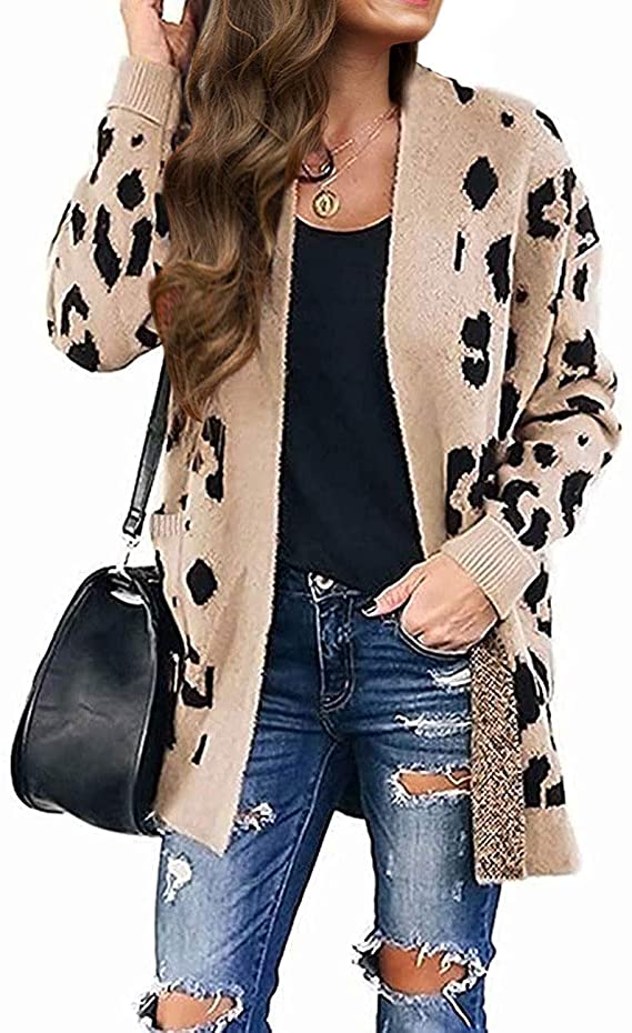 ZESICA Women's Long Sleeves Open Front Leopard Print Knitted Sweater Cardigan Coat Outwear with Pockets