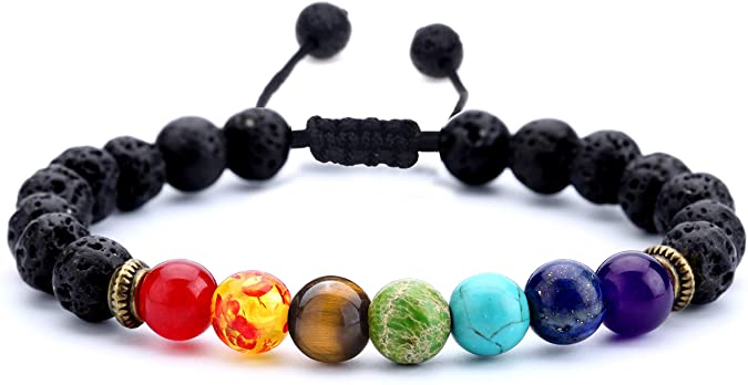 Hamoery Men Women 8mm Lava Rock 7 Chakras Aromatherapy Essential Oil Diffuser Bracelet Braided Rope Natural Stone Yoga Beads Bracelet Bangle