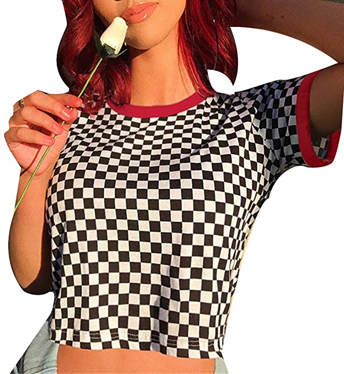 Women Checkerboard Print Loose Black and White Plaid T-Shirt Streetwear Crop Top