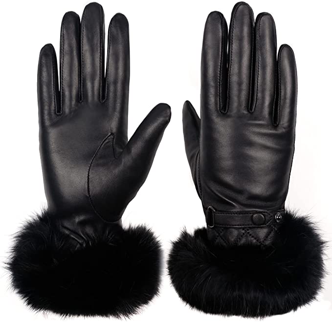 GSG Women Leather Gloves Luxury Rabbit Faux Fur Cuff Winter Touchscreen Warm Driving Gloves
