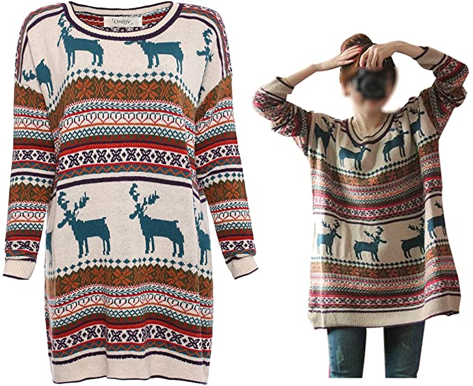 Orilife Women's Spring Oversized Baggy Reindeer Pullover Sweaters