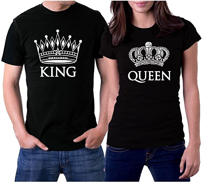 picontshirt King and Queen Black Couple T-Shirts White Crowns