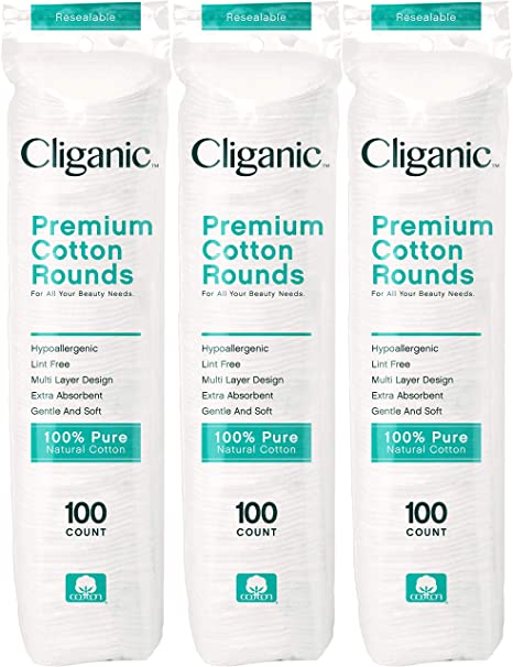 Cliganic Premium Cotton Rounds for Face (300 Count) - Makeup Remover Pads