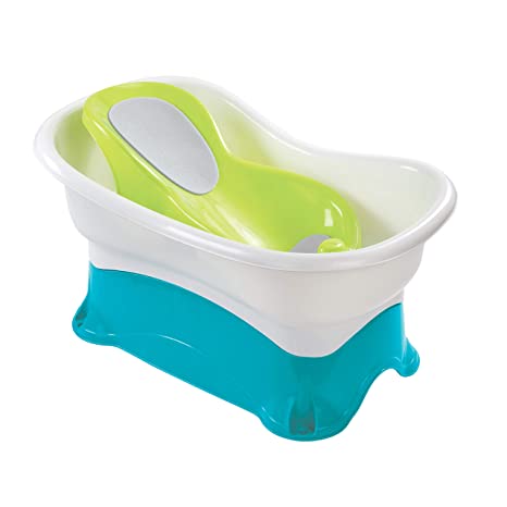 Summer Comfort Height Bath Tub – Elevated and Spacious Baby Bathtub with Newborn Bath Support – Extended Use Features Include Stand-Alone Kneeler and Stepstool