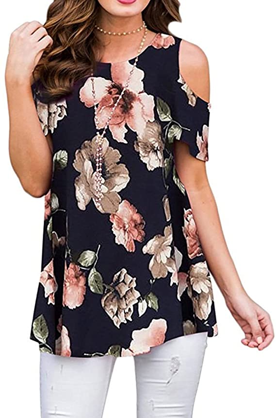 Luranee Womens Cold Shoulder Shirts Short Sleeve Crew Neck Floral Tunic Tops