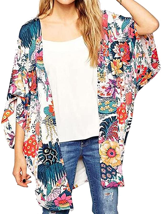 Relipop Women's Sheer Chiffon Blouse Loose Tops Kimono Floral Print Cardigan