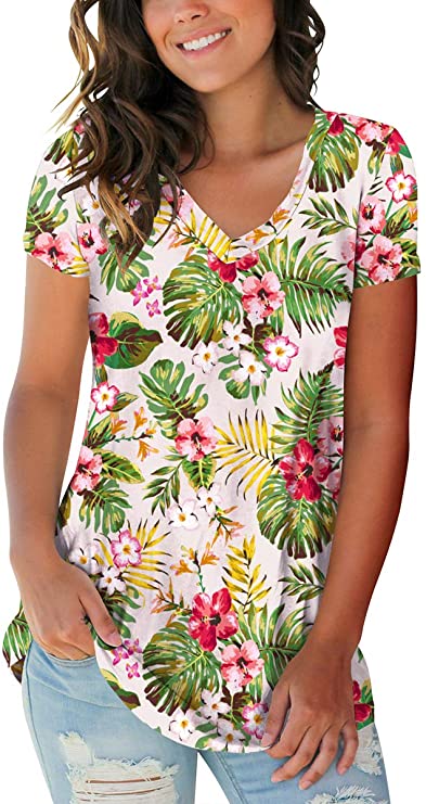 SAMPEEL Summer Floral Tops for Women Classic V Neck Tshirts Short Sleeve Cute Tops