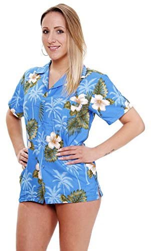 V.H.O. Funky Hawaiian Shirt Blouse Women Shortsleeve Frontpocket Hawaiian-Print Leaves Flowers Allover Unisex