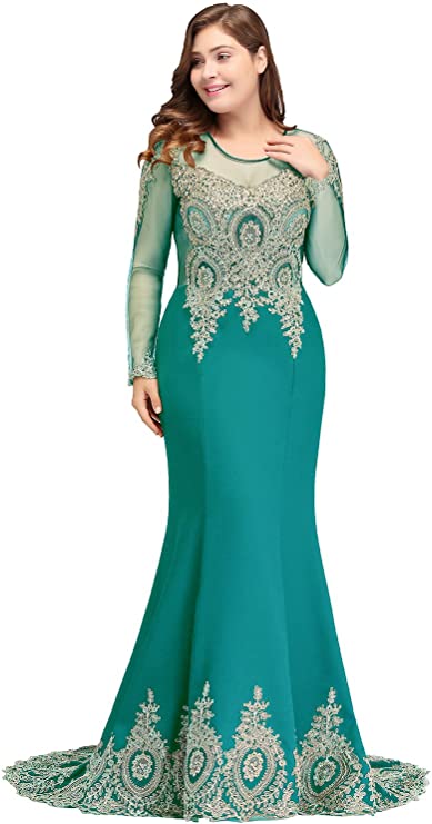 MisShow 2019 Plus Size Long Sleeve Mermaid Prom Evening Dresses Formal for Women