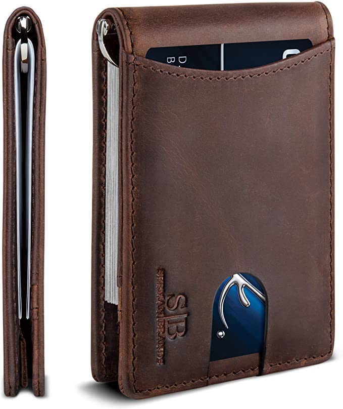 SERMAN BRANDS RFID Blocking Slim Bifold Genuine Leather Minimalist Front Pocket Wallets for Men with Money Clip Thin Gift